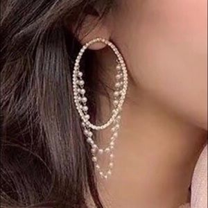 NWT Oval Hoop Pearl Strands Drop Rhinestone Earrings